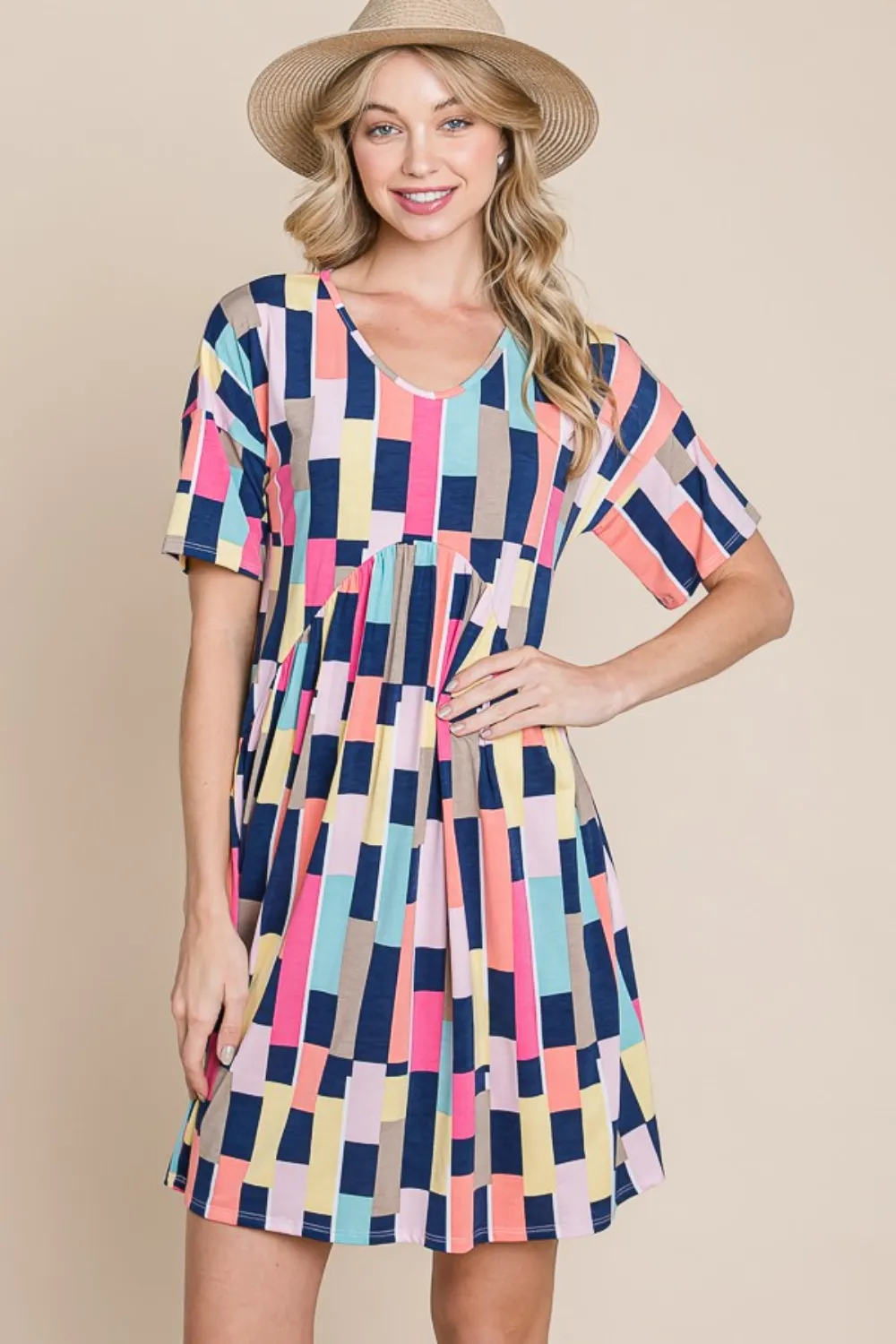 Ruched Color Block Short Sleeve Mini Dress - Multicolor