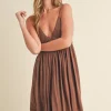 Ruched Plunge Mini Cami Dress - Brown