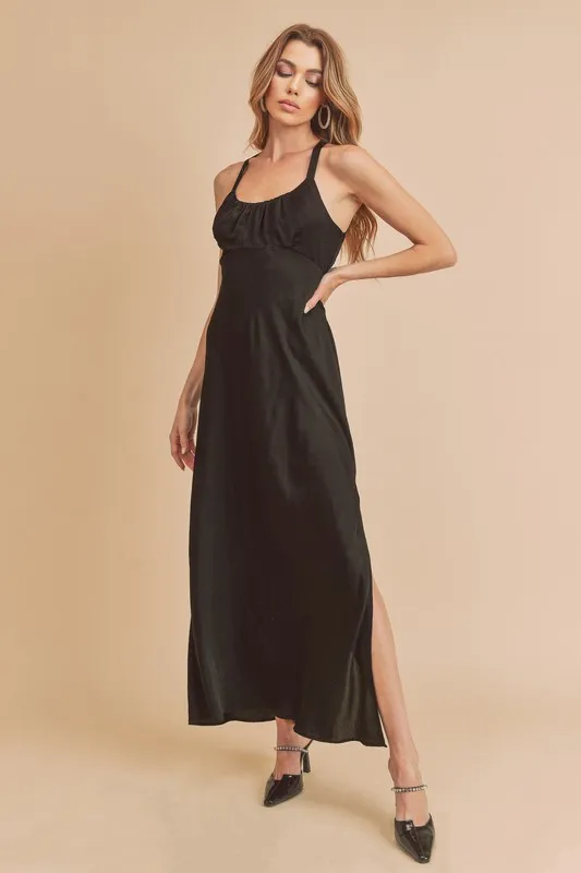 Ruched-Side-Slit-Cutout-Back-Maxi-Cami-Dress-Black Ruched Side Slit Cutout Back Maxi Cami Dress - Black