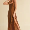Ruched Side Slit Cutout Back Maxi Cami Dress - Brown