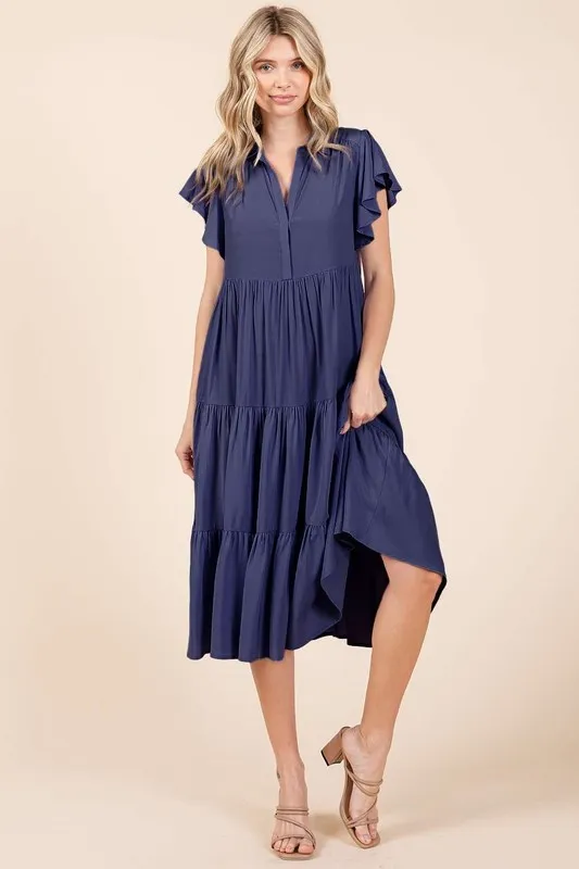 Ruffle-Sleeve-Collared-V-Neck-Tiered-Midi-Dress-Dark-Navy-4