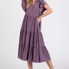 Ruffle Sleeve Collared V Neck Tiered Midi Dress - Mauve