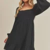 Ruffled Hem Square Neck Balloon Sleeve Mini Dress - Black