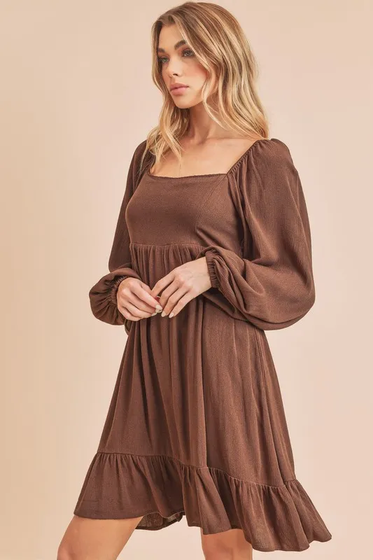 Ruffled-Hem-Square-Neck-Balloon-Sleeve-Mini-Dress-Dark-Brown-1