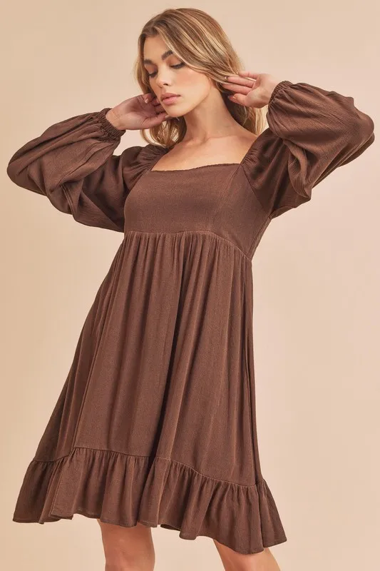 Ruffled-Hem-Square-Neck-Balloon-Sleeve-Mini-Dress-Dark-Brown Ruffled Hem Square Neck Balloon Sleeve Mini Dress - Dark Brown