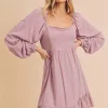 Ruffled Hem Square Neck Balloon Sleeve Mini Dress - Moonlit Mauve