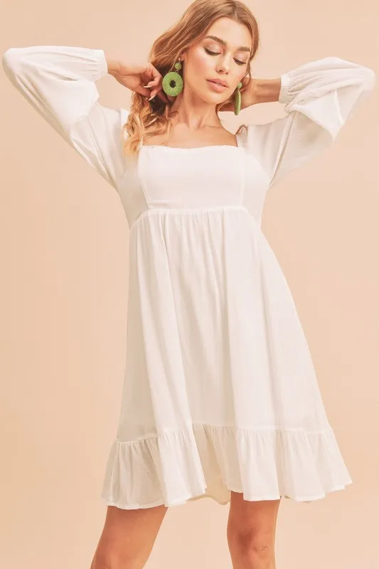 Ruffled-Hem-Square-Neck-Balloon-Sleeve-Mini-Dress-White-1