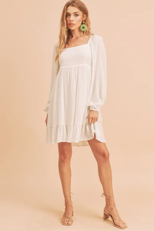 Ruffled-Hem-Square-Neck-Balloon-Sleeve-Mini-Dress-White-3