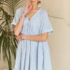 Ruffled Hem Striped V-Neck Babydoll Dress - Light Blue