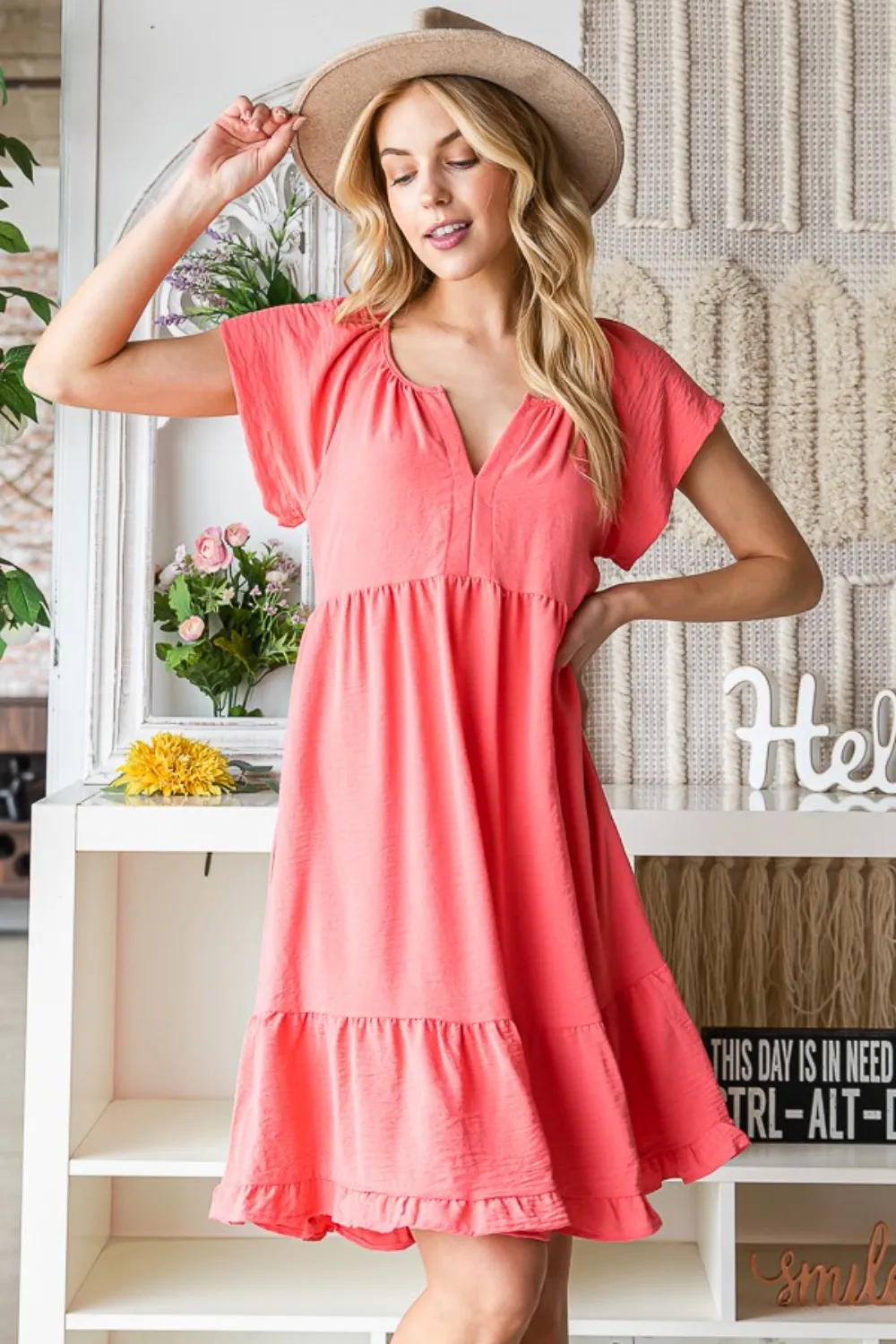 Ruffled-Notched-Cap-Sleeve-Dress-Coral-2