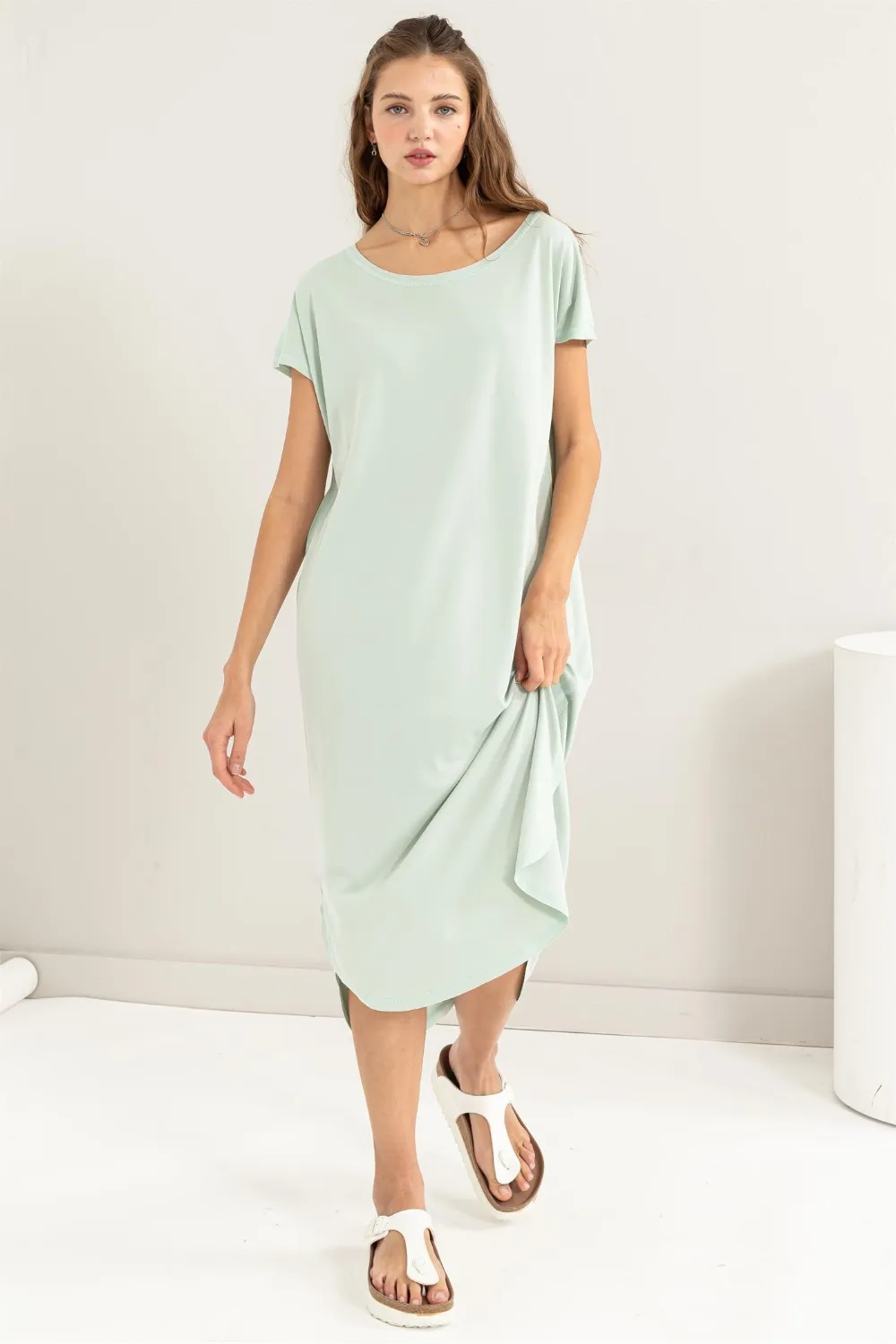 Short Sleeve High-Low Slit Midi Dress - Mint