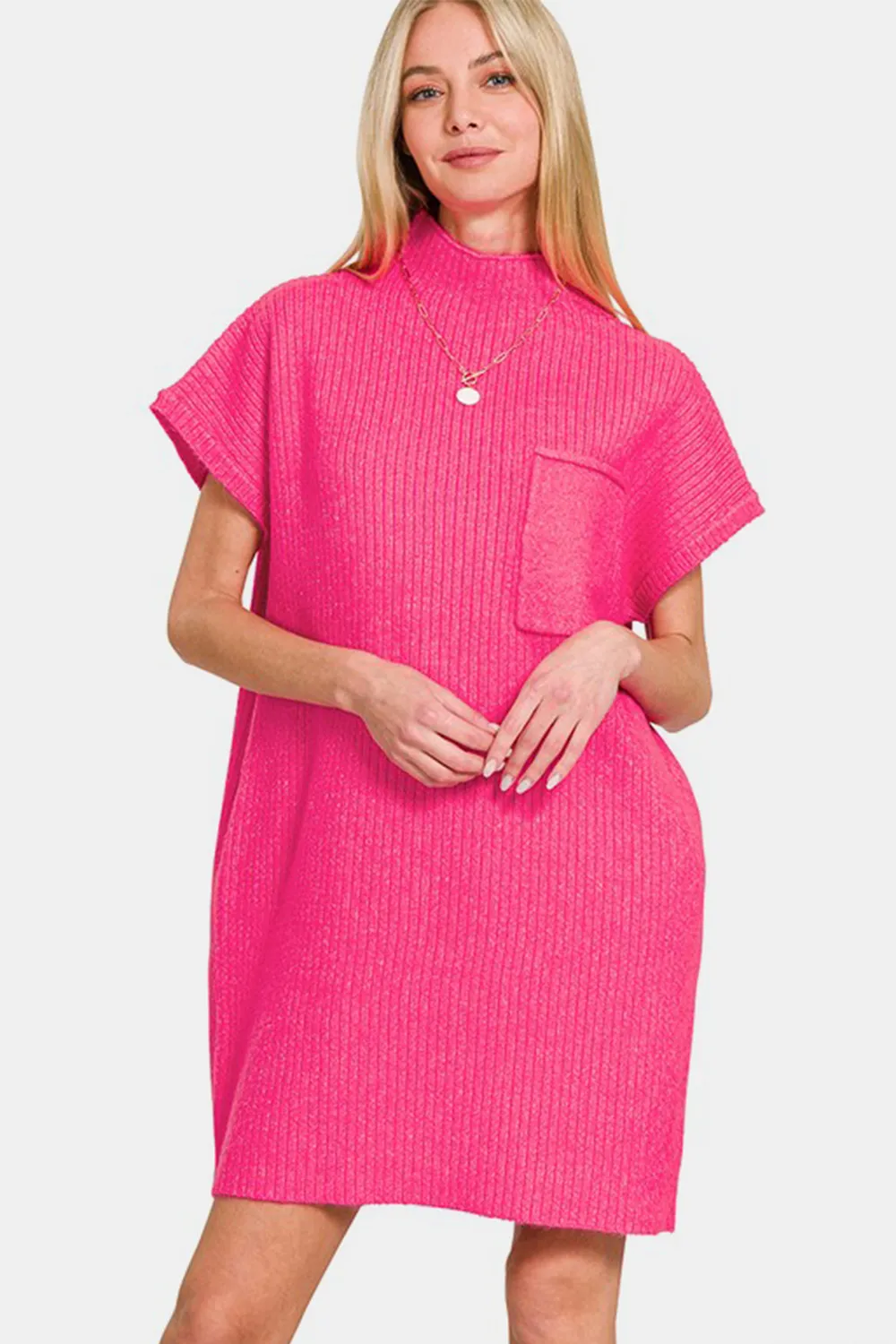 Short Sleeve Sweater Mini Dress -  Hot Pink