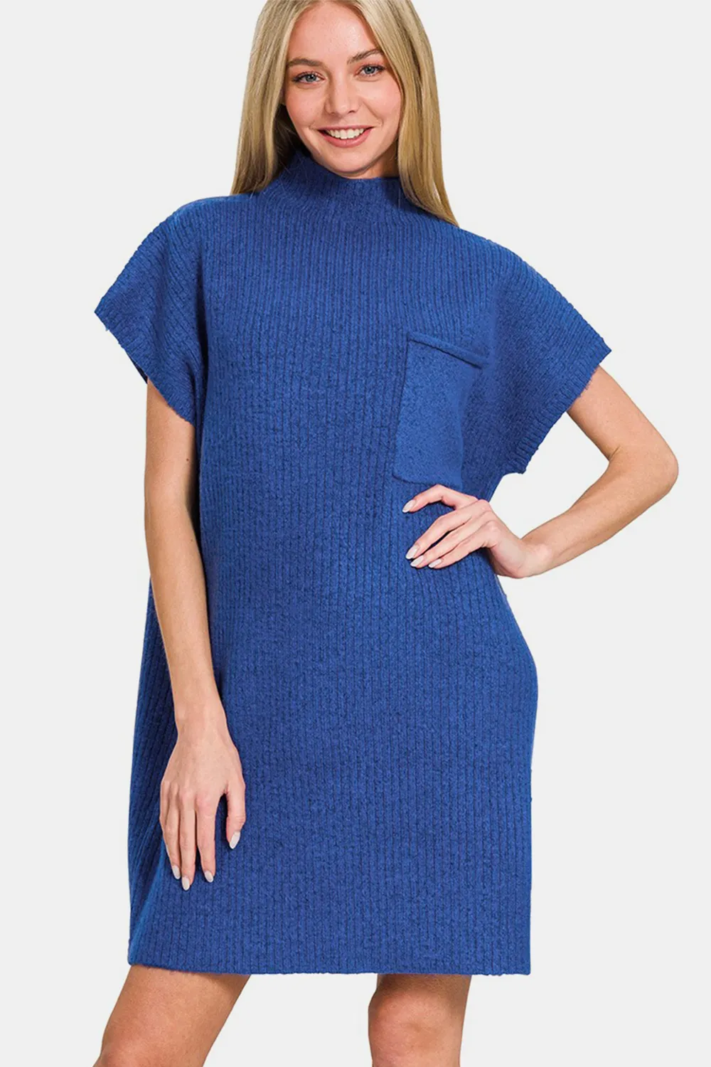 Short Sleeve Sweater Mini Dress - Navy