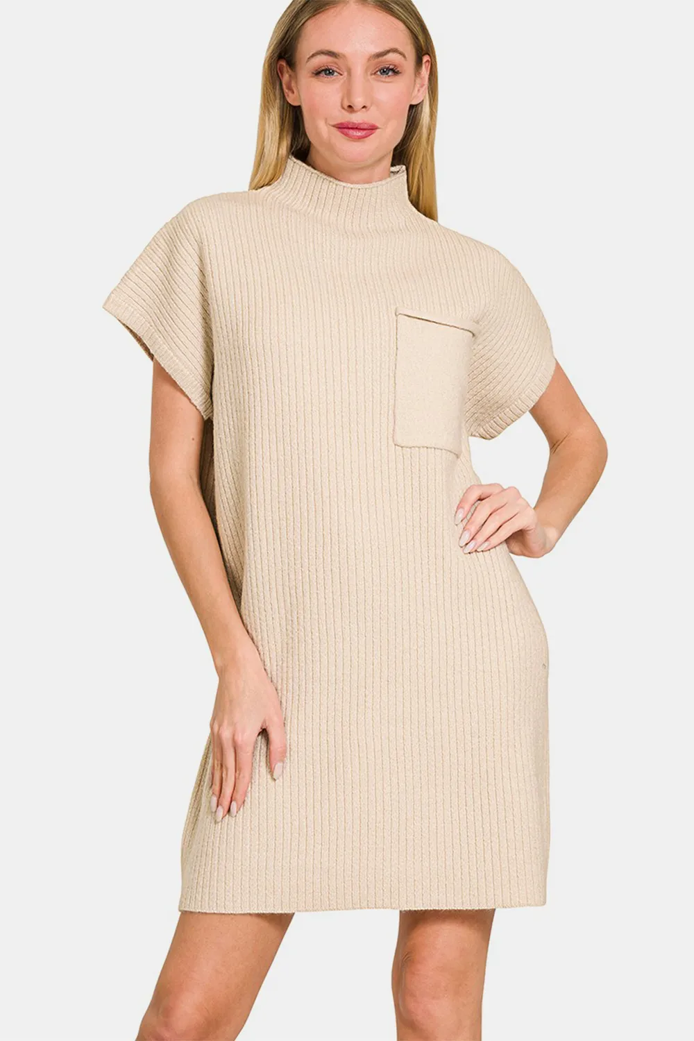 Short Sleeve Sweater Mini Dress - Sand Beige
