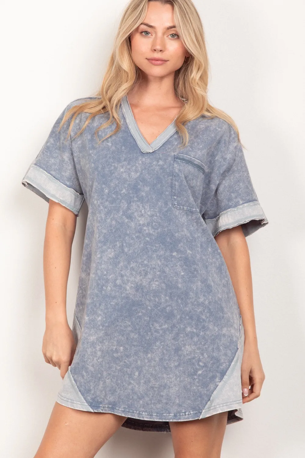 Short-Sleeve-V-Neck-Tee-Dress-Denim Short Sleeve V-Neck Tee Dress - Denim