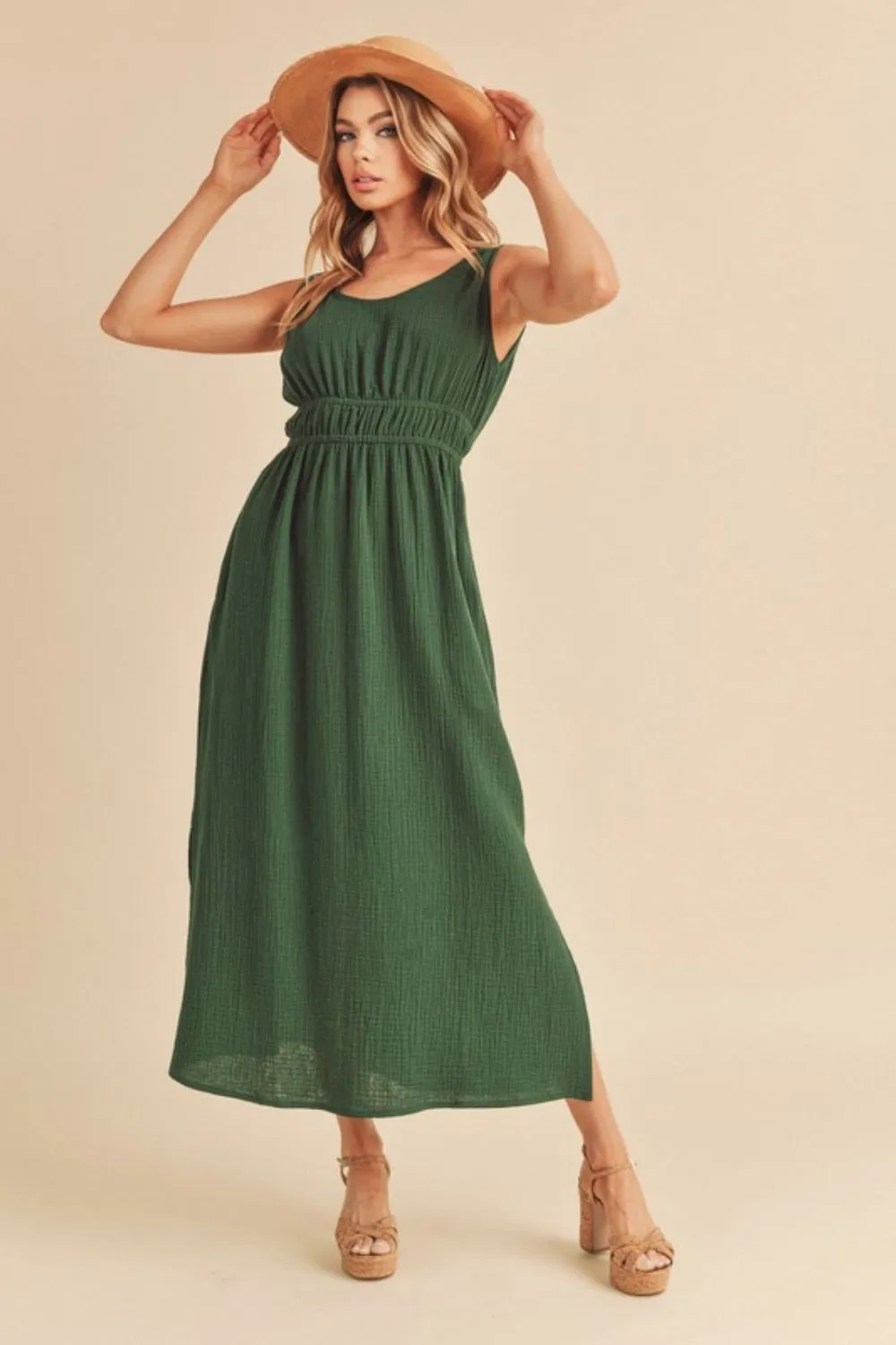Side Slit Round Neck Sleeveless Tank Dress - Dark Green
