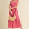 Side Slit Round Neck Sleeveless Tank Dress - Hot Pink