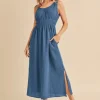 Side Slit Round Neck Sleeveless Tank Dress -  Peacock  Blue