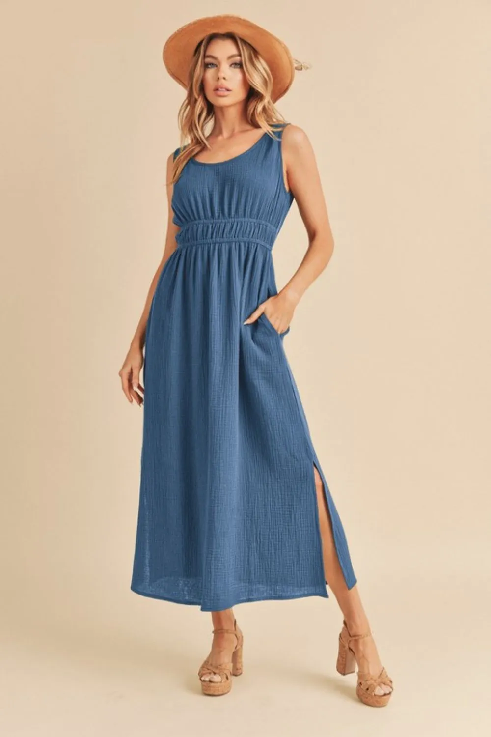 Side Slit Round Neck Sleeveless Tank Dress -  Peacock  Blue