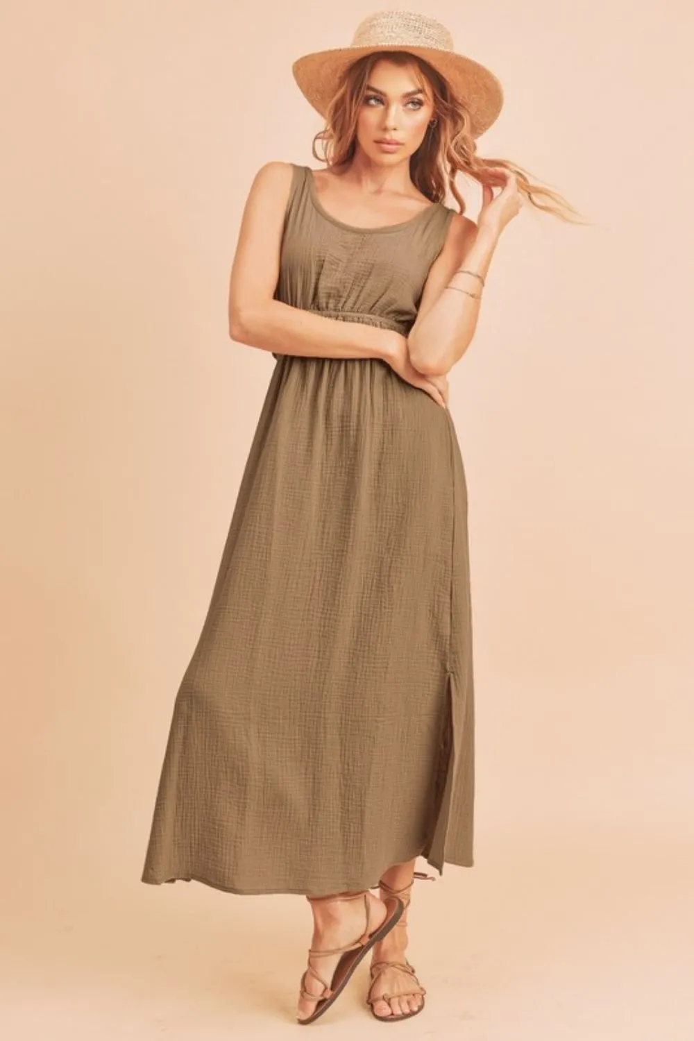 Side-Slit-Round-Neck-Sleeveless-Tank-Dress-Taupe-1