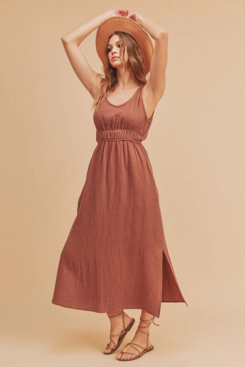 Side-Slit-Round-Neck-Sleeveless-Tank-Dress-Terracotta-2