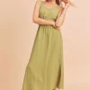 Side Slit Round Neck Sleeveless Tank Dress - Yellow-Green