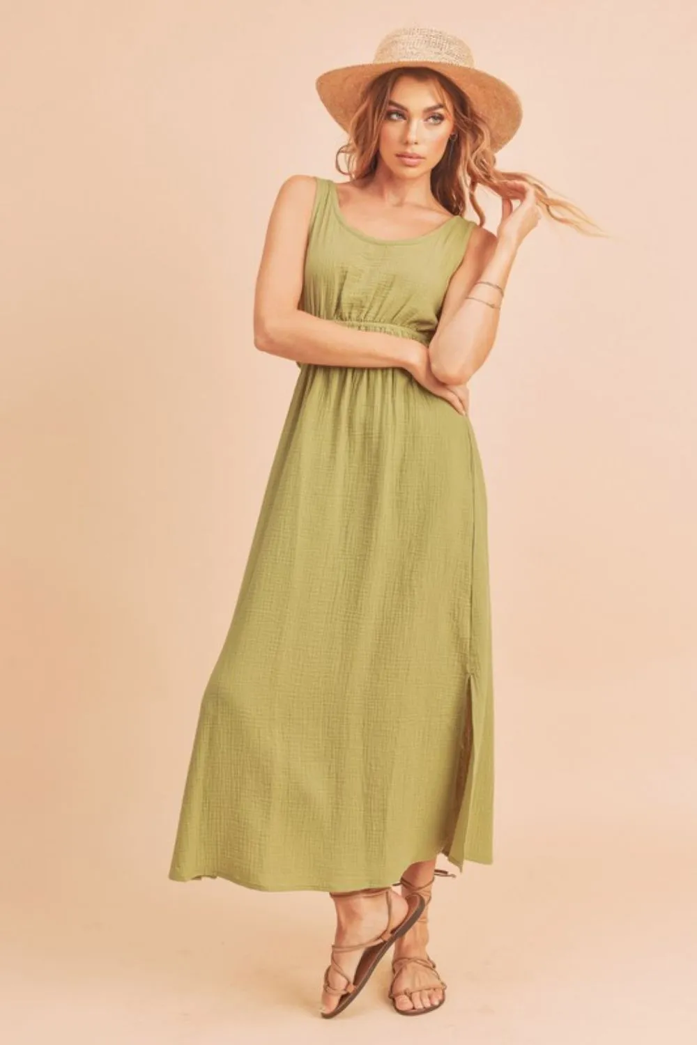 Side Slit Round Neck Sleeveless Tank Dress - Yellow-Green