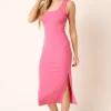Side Slit Wide Strap Midi Tank Dress - Hot Pink