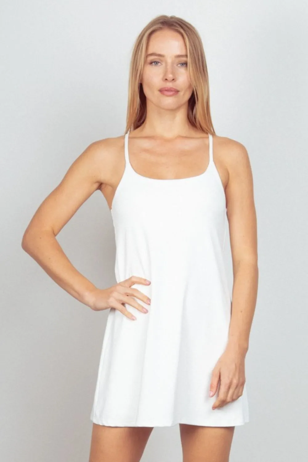 Sleeveless Active Tennis Dress with Unitard Liner - White
