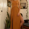 Sleeveless Back Zipper Front Slit Maxi Dress - Toffee