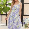 Smocked Back Floral Adjustable Strap Midi Dress - Blue Purple