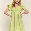 Smocked Back Ruffled Cap Sleeve Babydoll Dress - Lime