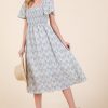 Smocked Floral Print Flutter Sleeve Midi Dress - White