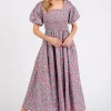 Smocked Floral Square Neck Puff Sleeve Midi Dress - Rose Pink