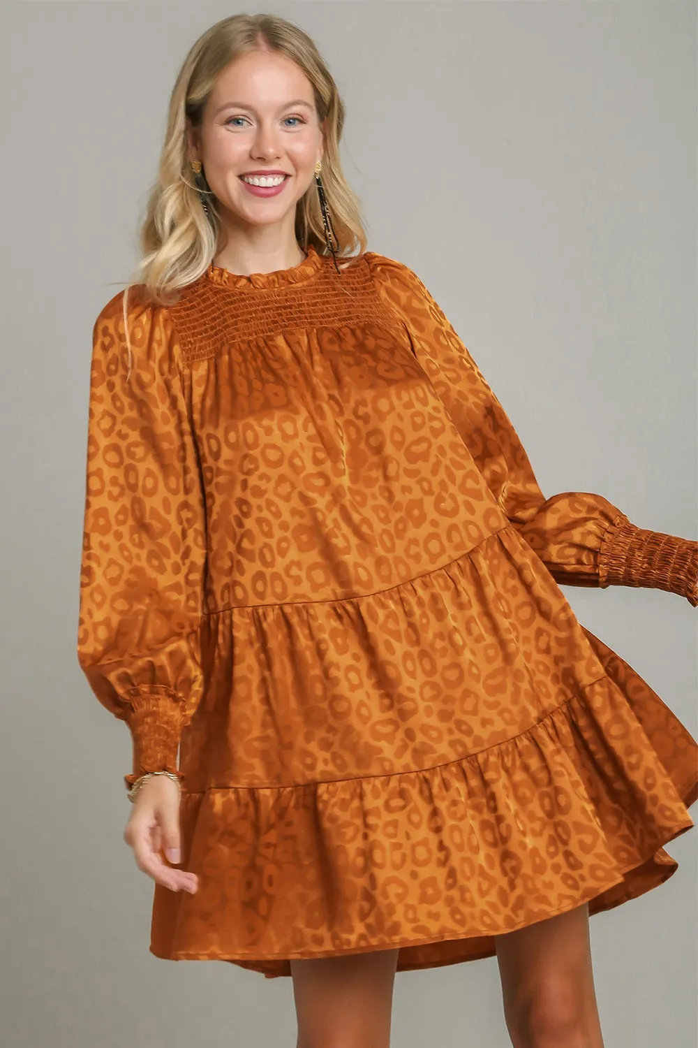 Smocked-Leopard-Long-Sleeve-Tiered-Dress-Copper Smocked Leopard Long Sleeve Tiered Dress -  Copper
