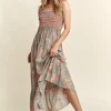Smocked Printed Square Neck Tie Shoulder Cami Dress - Sage