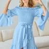 Smocked Ruffled Front Tie Mini Dress - Ice Blue