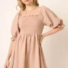 Smocked Ruffled Hem Half Sleeve Mini Dress - Taupe