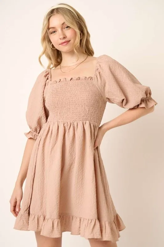 Smocked Ruffled Hem Half Sleeve Mini Dress - Taupe