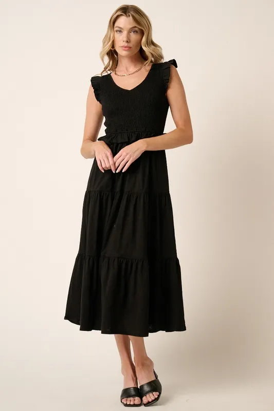 Smocked-Ruffled-Tiered-Midi-Dress-Black Smocked Ruffled Tiered Midi Dress - Black