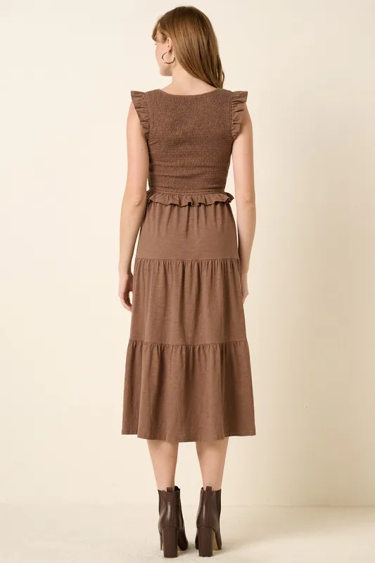 Smocked-Ruffled-Tiered-Midi-Dress-Brown-2
