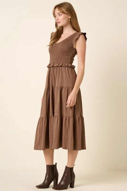 Smocked-Ruffled-Tiered-Midi-Dress-Brown-3
