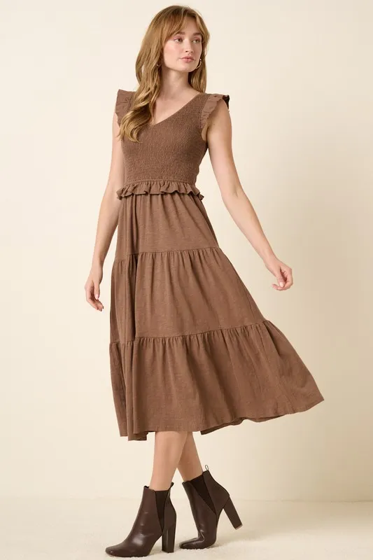 Smocked-Ruffled-Tiered-Midi-Dress-Brown-4