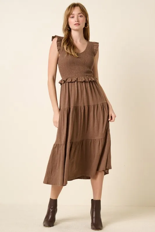 Smocked-Ruffled-Tiered-Midi-Dress-Brown Smocked Ruffled Tiered Midi Dress - Brown