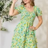 Smocked Scoop Neck Flounce Sleeve Mini Dress - Yellow