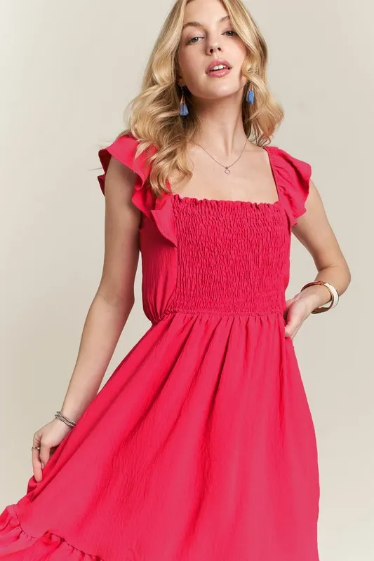 Smocked Square Neck Ruffled Cap Sleeve Dress - Red