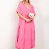 Soft Crinkle Gauze Short Sleeve Midi Dress - Pink