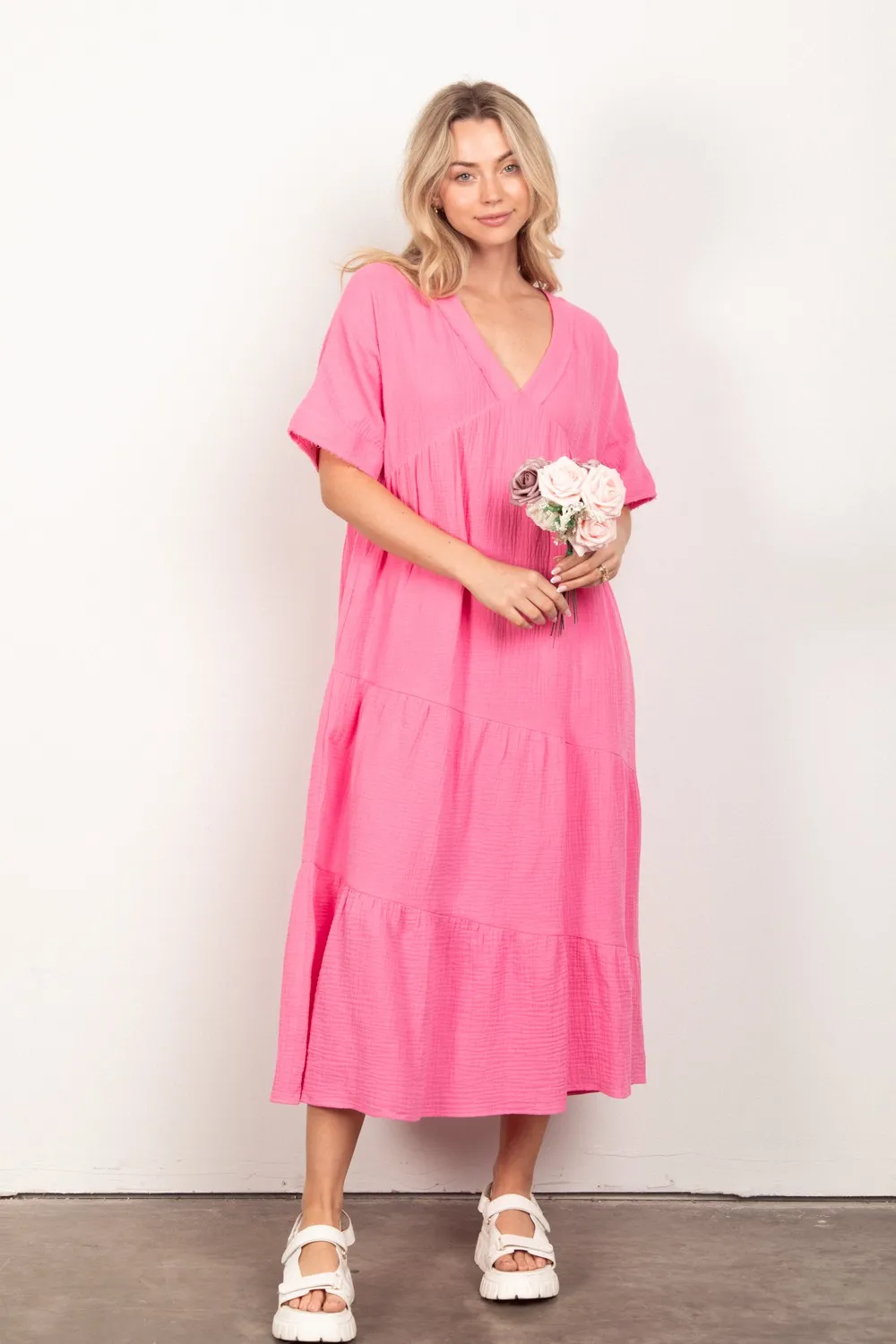 Soft-Crinkle-Gauze-Short-Sleeve-Midi-Dress-Pink Soft Crinkle Gauze Short Sleeve Midi Dress - Pink