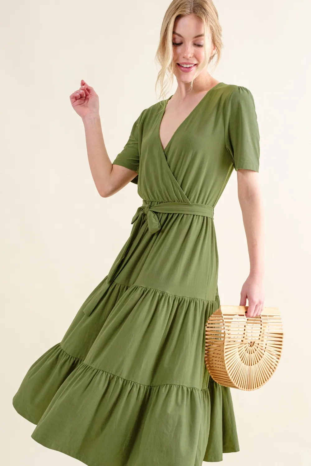 Soft Short Sleeve Tiered Midi Dress - Green
