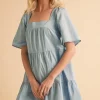 Square Neck Half Sleeve Tiered Dress - Light Blue